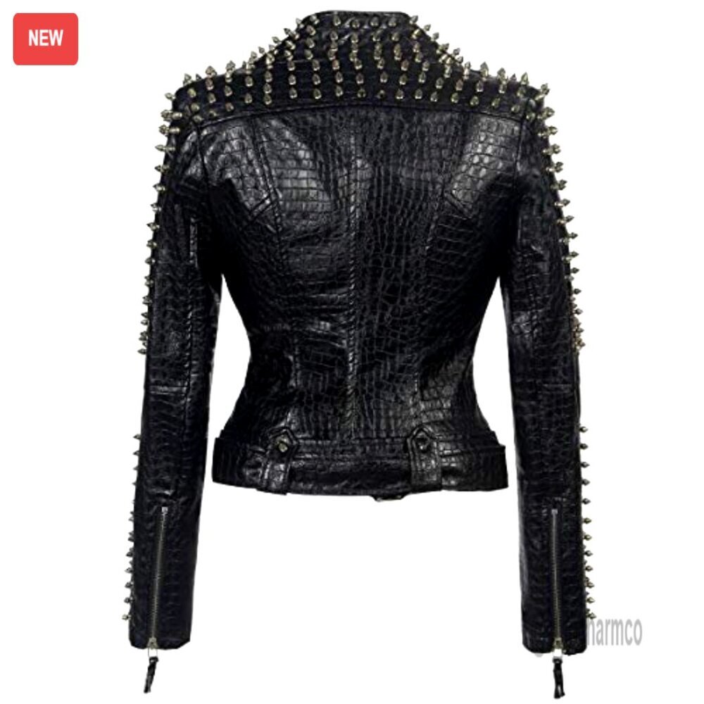 Faux Leather Motorcycle Jacket with Studded Rivets, Asymmetrical Zipper, - Picture 3 of 6